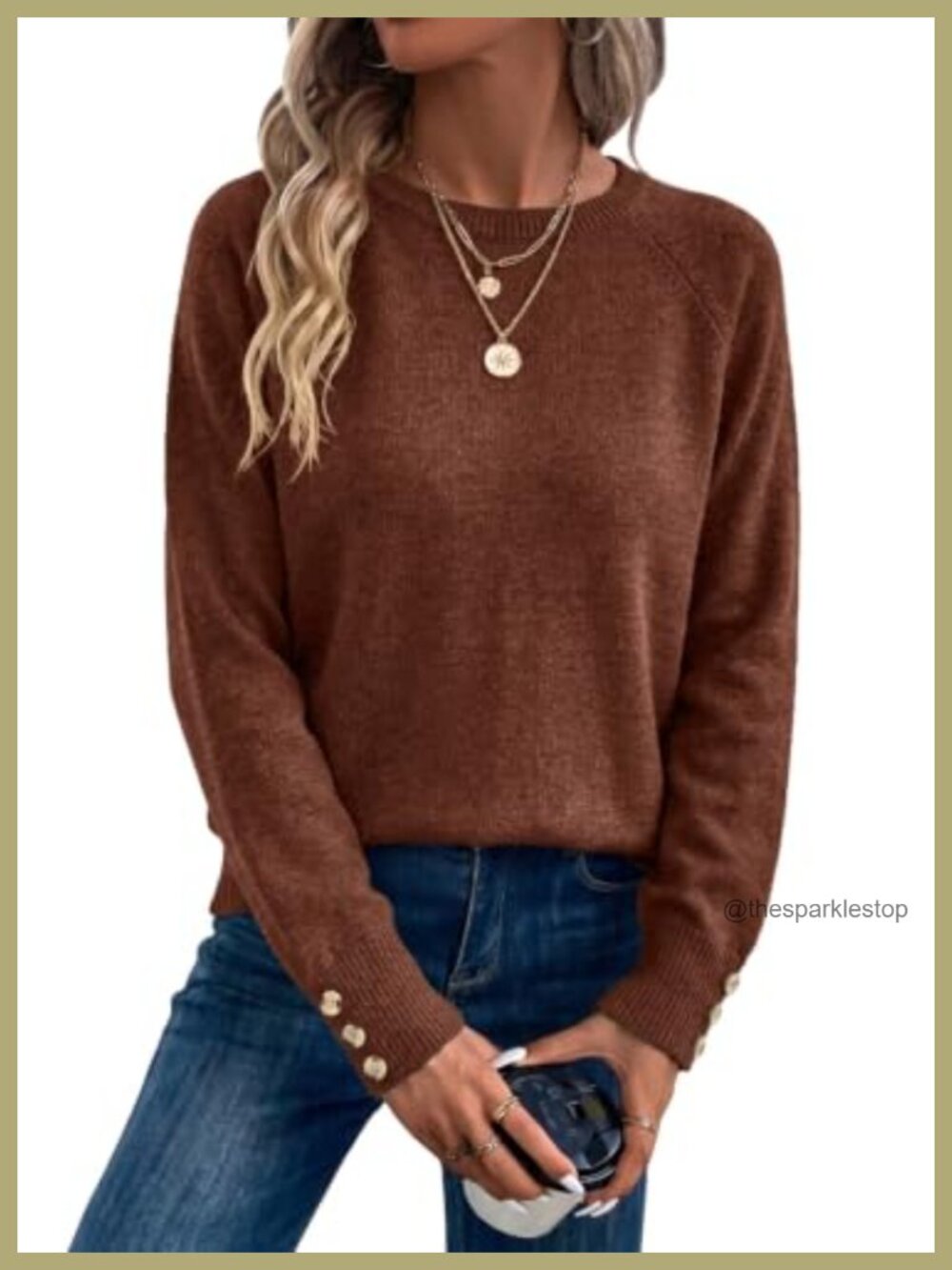 Womens Crew Neck Button Sleeve Knit Pullover Sweater Long Sleeve